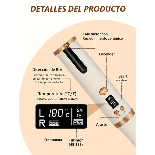 Rizador de pelo automático inalámbrico con barril giratorio de cerámica, 6 configuraciones de temperatura y temporizador, portátil y recargable
