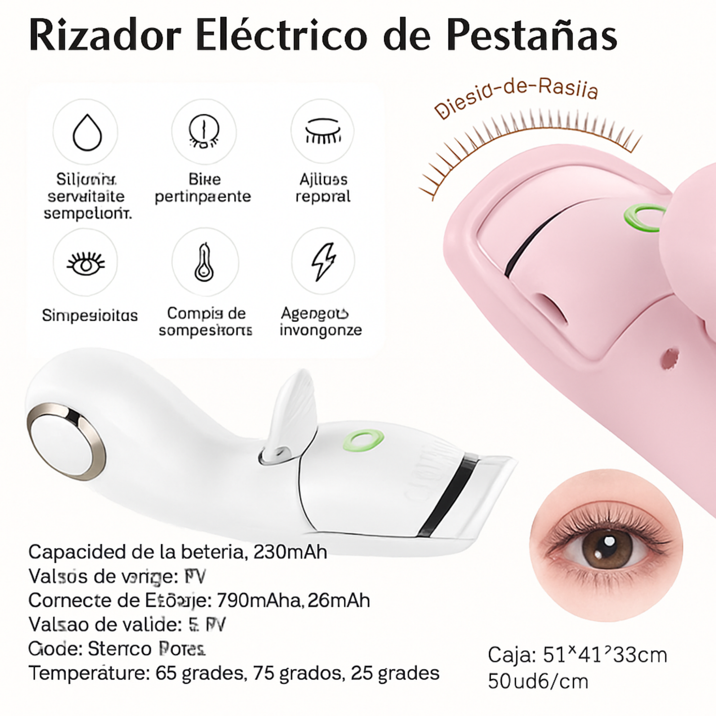 Rizador de pestañas eléctrico de silicona con calefacción, recargable