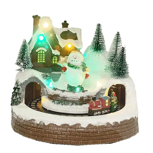 Christmas Decoration Village House Snowman Music Lighted Ornaments Figurine Christmas Tree Revolving Train Xmas Navidad Gifts