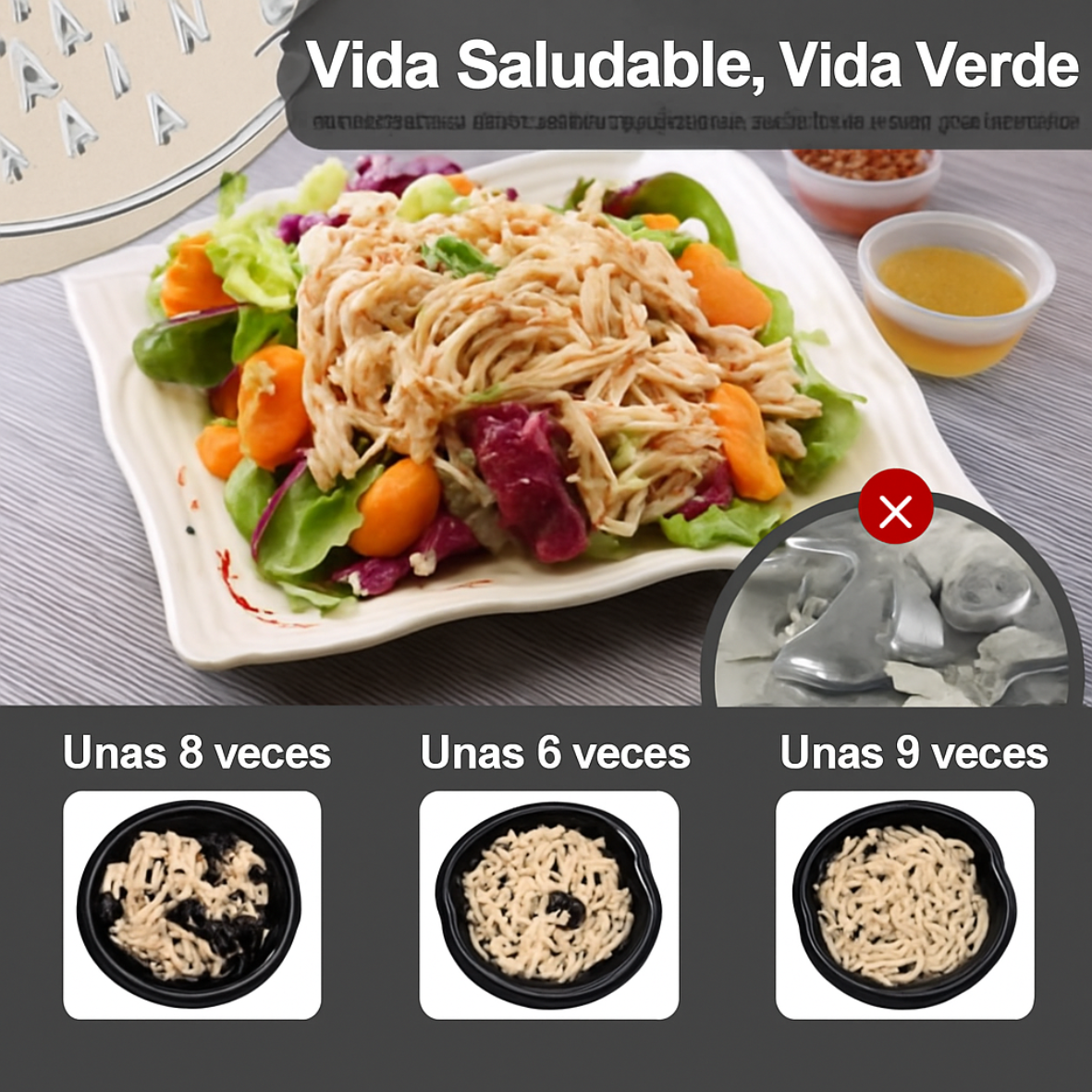 Trituradora de pollo, cerdo y ternera con tapa. Ideal para desmenuzar pechuga de pollo, cerdo y ternera.