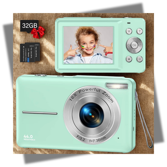 Cámara digital portátil FHD1080P de 44MP para niños, con pantalla LCD de 2.4", incluye tarjeta de memoria de 32G.