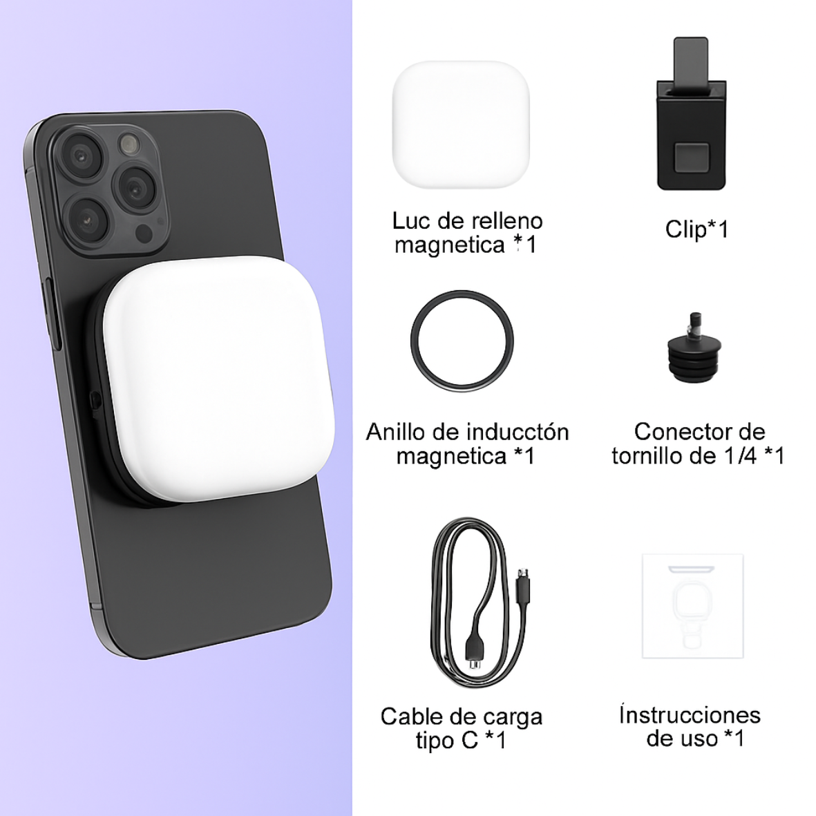 Mini luz LED magnética universal para selfies con teléfono, compatible con iPhone 12, 13 y 14 con MagSafe. Lámpara LED cúbica con clip.